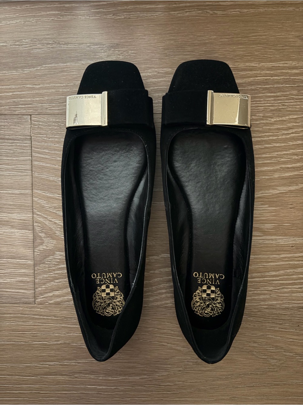 Vince Camuto Black Suede Square-Toe Flats with Gold Buckle